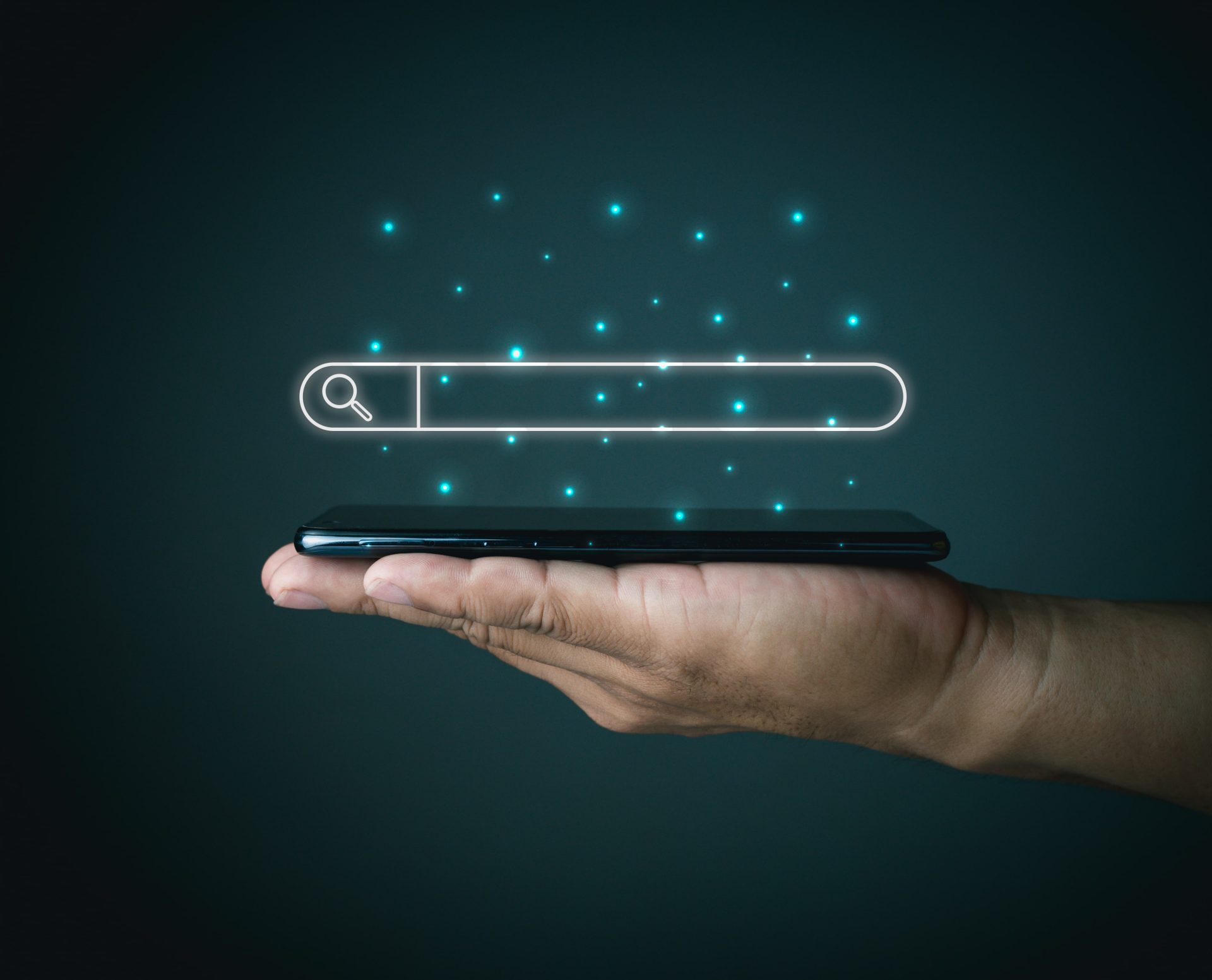 Users search through Google more than any other platform. Make sure your users can find you online. Mobile phone with search bar.